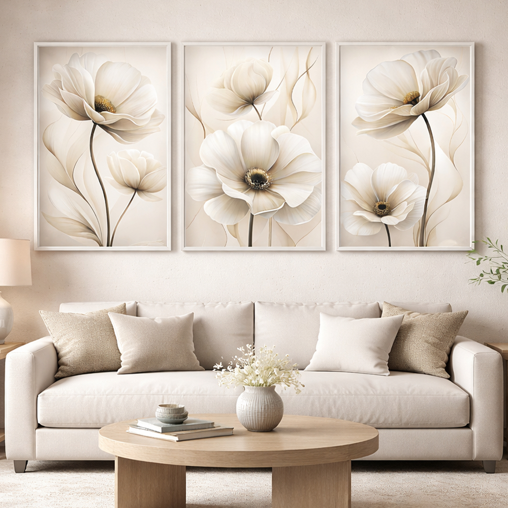Quadro Decorativo Primavera Eterna Floral Com Moldura Branca 3 Telas 50x75 Sala Quarto