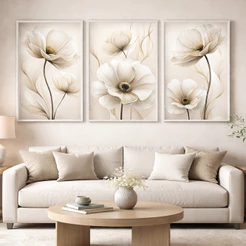 Quadro Decorativo Primavera Eterna Floral Com Moldura Branca 3 Telas 50x75 Sala Quarto