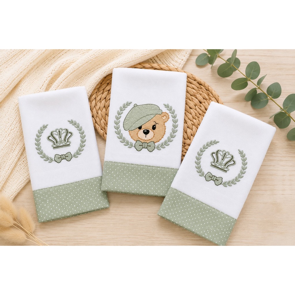 Kit Fraldas de Boca Bordadas Ursinho e Coroa Luxo Bebê Menino Premium 100% Algodão Kit 3 Fraldinhas.
