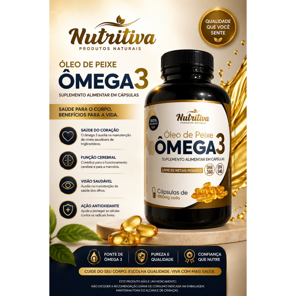 Ômega 3 (óleo de peixe) 1000mg c/ 100 cps - Nutritiva Produto Original