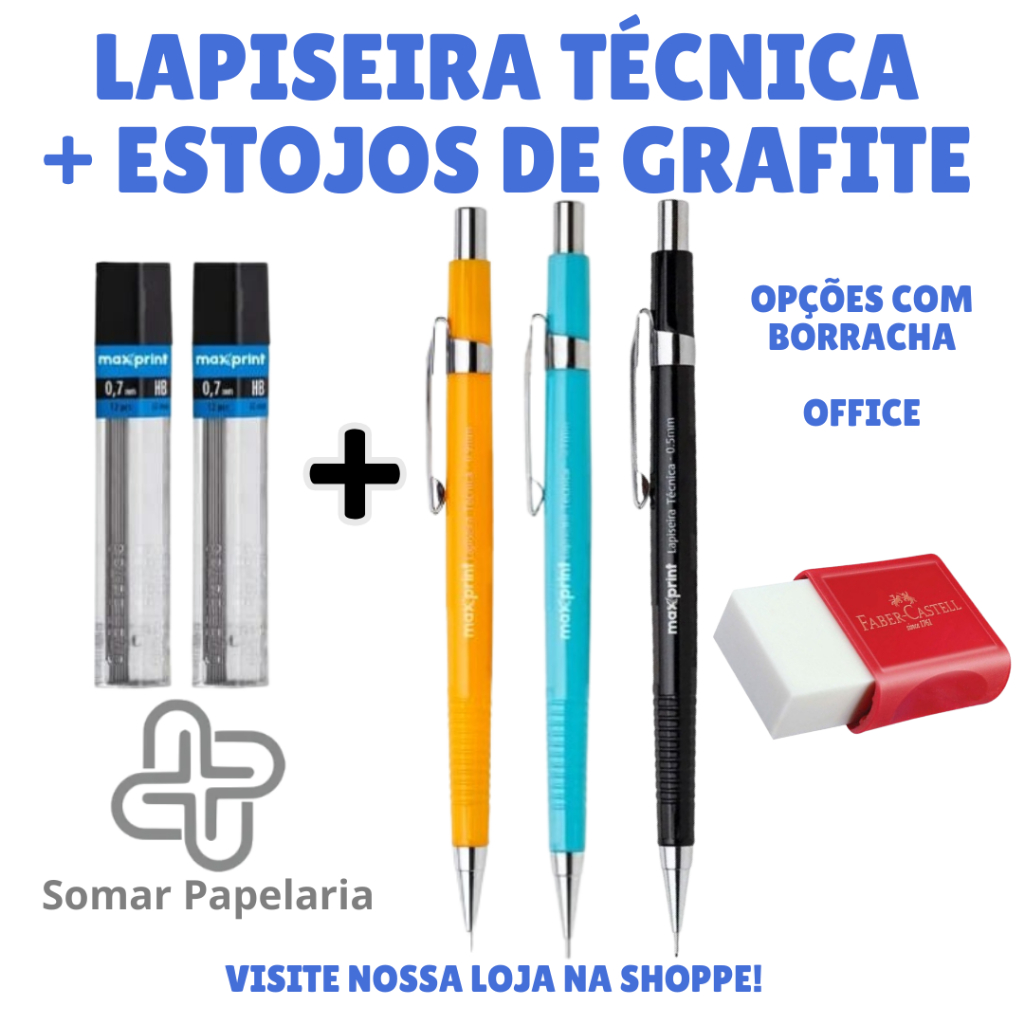 Lapiseira Técnica 0,5, 0,7 ou 0,9mm Amarela, Azul ou Preta + Estojos de Grafite