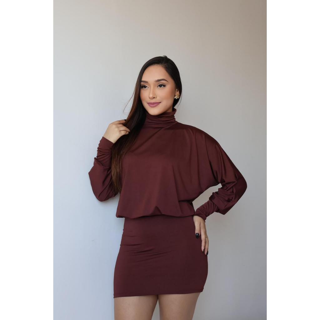 Vestido Suplex Costas Nuas Gola Alta Manga Morcego Mini Justo Elegante Tamanho Único