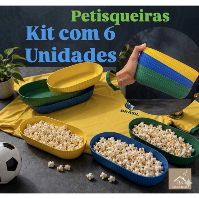 Kit 6 Travessas Pote Para Pipoca Petiscos Batata Frita Salgadinho Petisqueira Plástica Brasil
