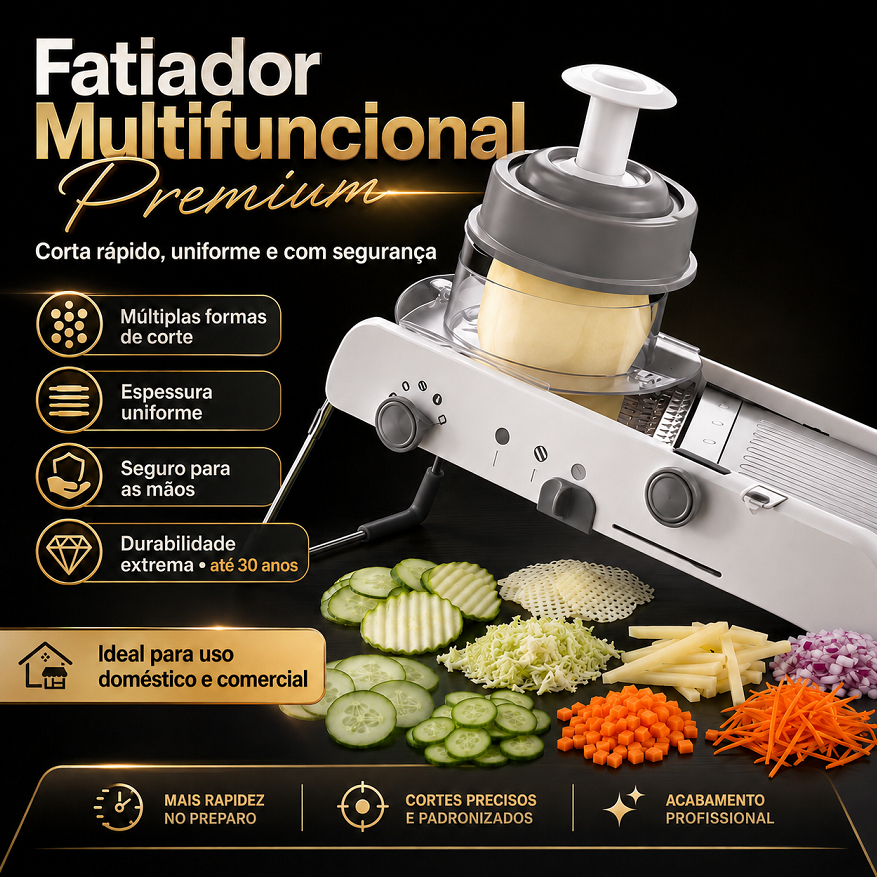 Mandoline Ajustável em Aço Inoxidável com Proteção para as Mãos, Cortador e Fatiador de Legumes