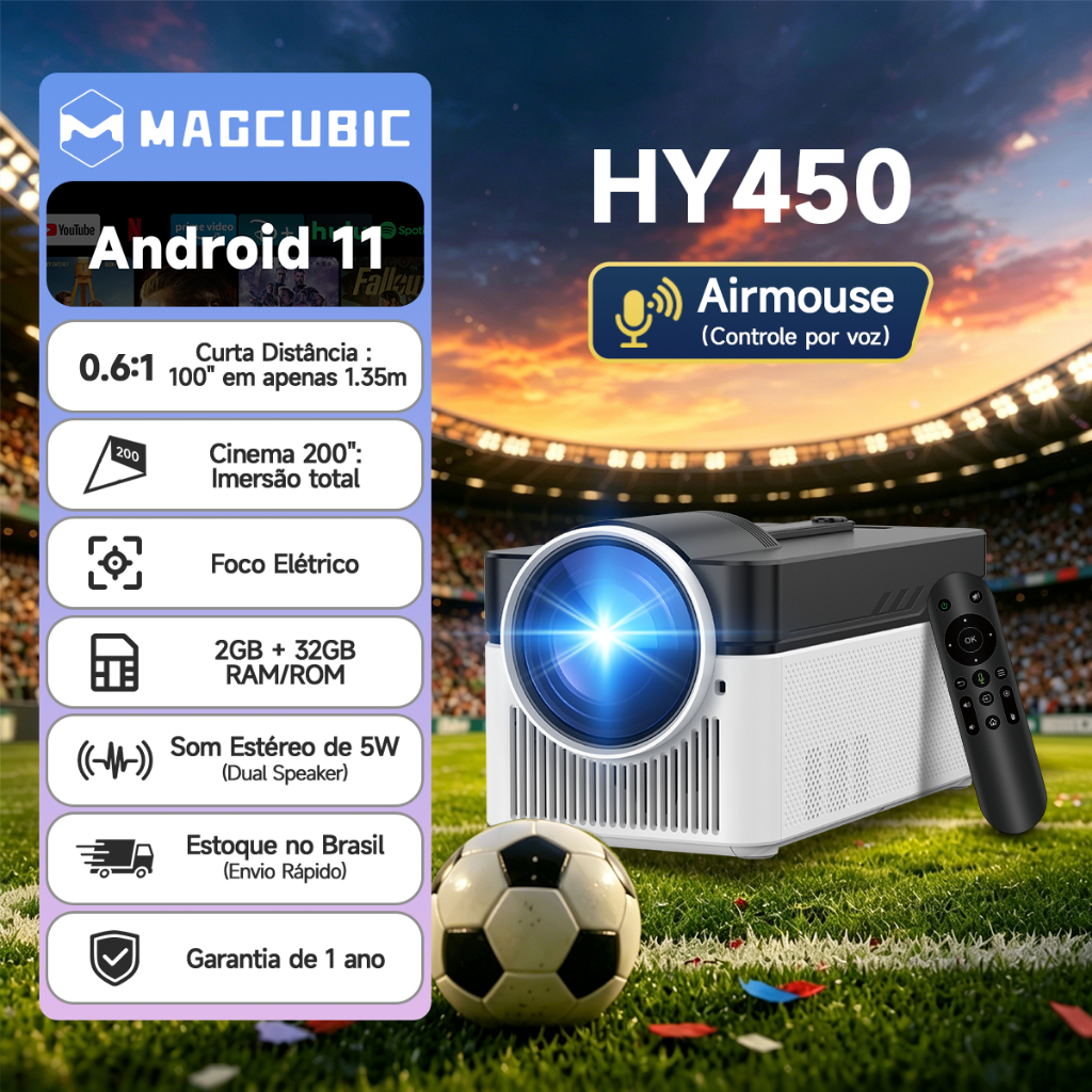 MAGCUBIC HY450 Projetor 900ANSI Foco elétrico Home Theater Alto-falantes duplos de 5 W integrados