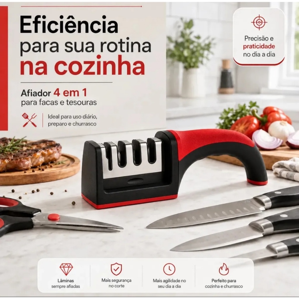 Afiador Faca Tesoura Profissional Manual Aço Inoxidável 4 Estágios Afiação Rápida