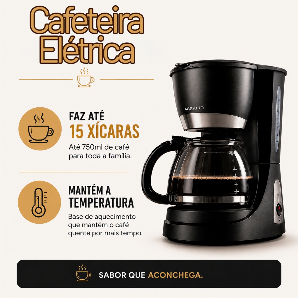 Cafeteira Elétrica Preta Cafeteira 15 Xícaras Agratto Cafeteira Jarro de Vidro 127V Maquina de Café