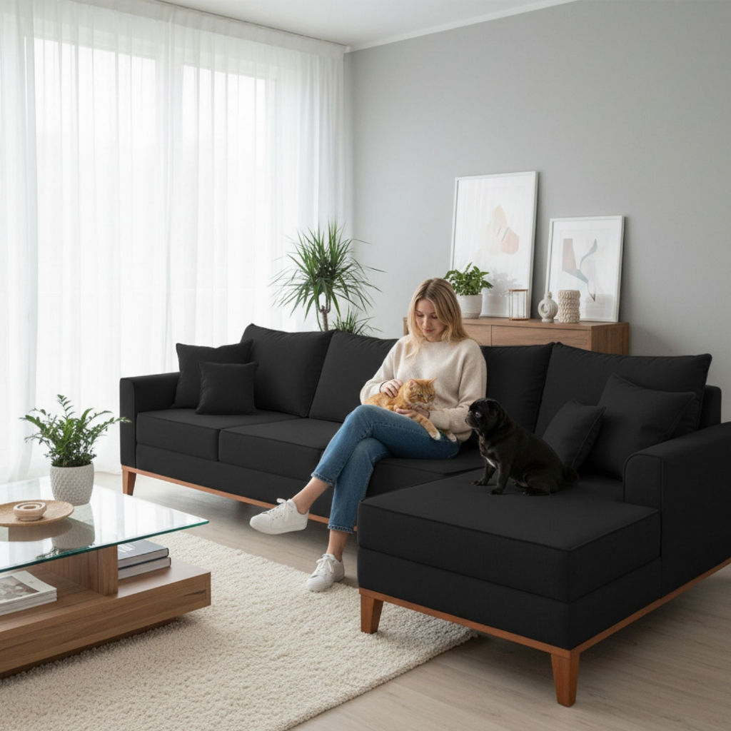Sofá 4 Lugares Beny com Chaise Direito Linho Preto