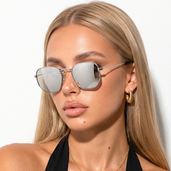 Óculos de Sol Hexagonal Prata Espelhado Premium Oldstyle Metal uv400 Masculino Feminino