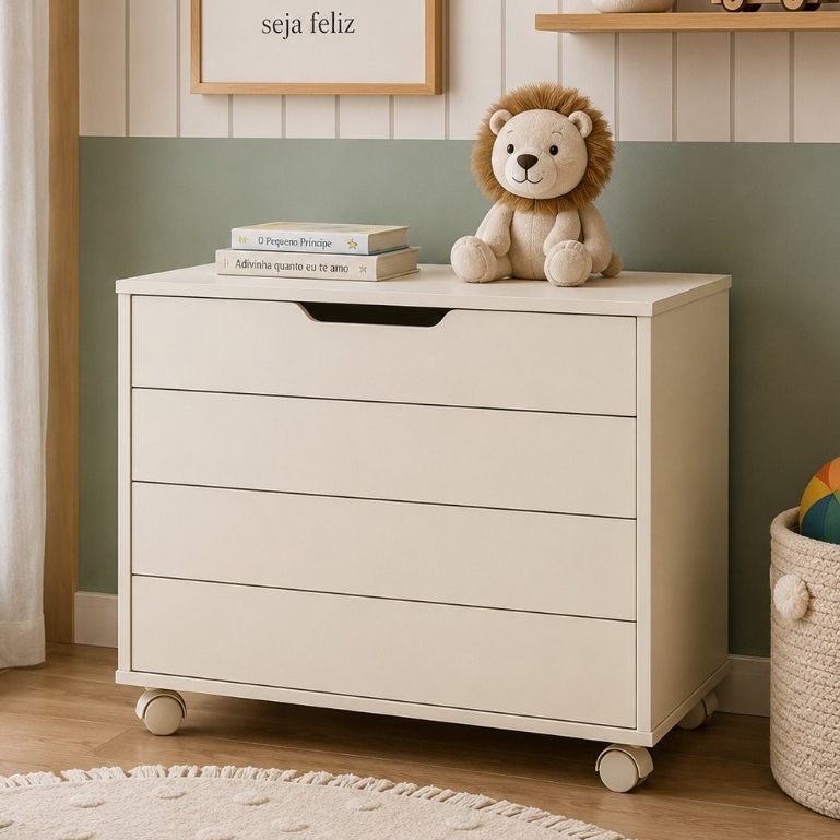 Baú Caixa de Brinquedos Toy Off White em MDF com Tampa e Rodinhas para Quarto Infantil Matic Móveis