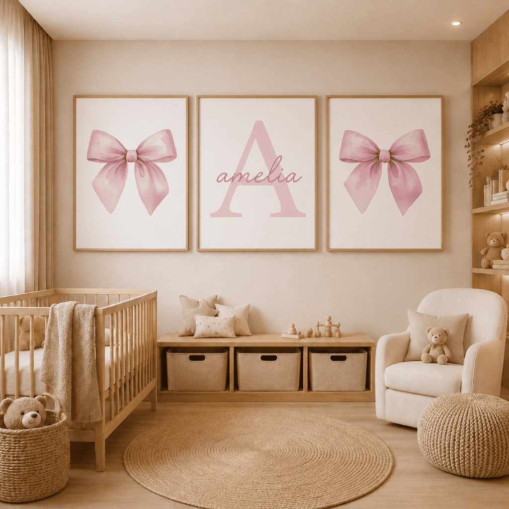 Kit Quadros Decorativos Laços Rosa Menina Decoração de Parede Infantil * Nome Personalizado *