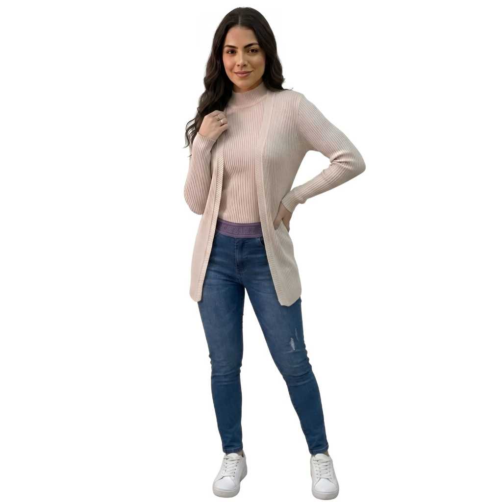 Cardigan+Regata Feminino Aberto Canelado Basico elegante Casual Inverno Tricot Casaquinho