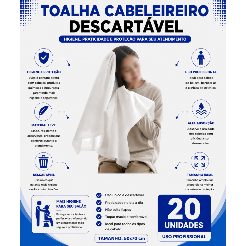 20UN Toalha Descartável Cabelos, manicure e pedicure - 50x70