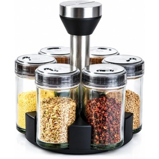Porta Tempero Giratório Inox com 6 Peças – Suporte Rotativo 360° com Potes de Vidro para Condimentos