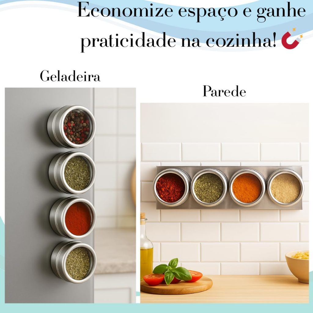 Porta Tempero Magnético Inox Geladeira Pote Condimento 4 Pcs