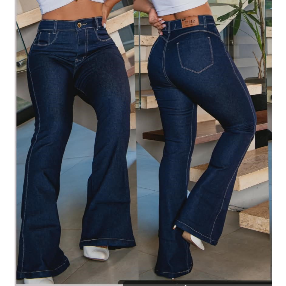 Calça  Jeans Flare Feminina  Cintura  Alta Levanta Bumbum  Boca De Sino com Elastano