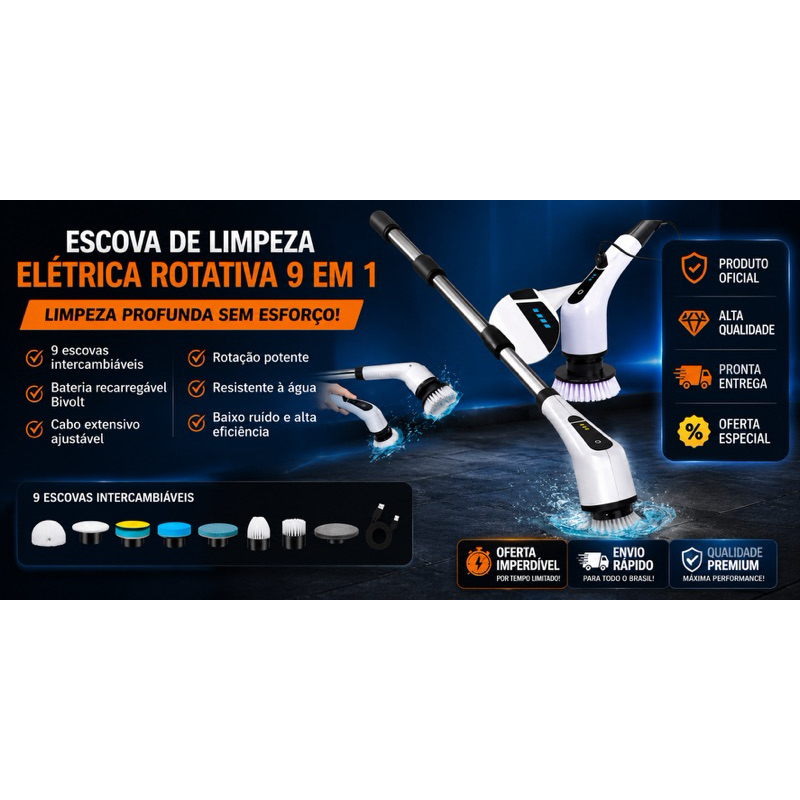 Escova Elétrica Multiuso 9 em 1 – Rotativa, Bivolt, Portátil e Ideal para Banheiro, Cozinha e Piso