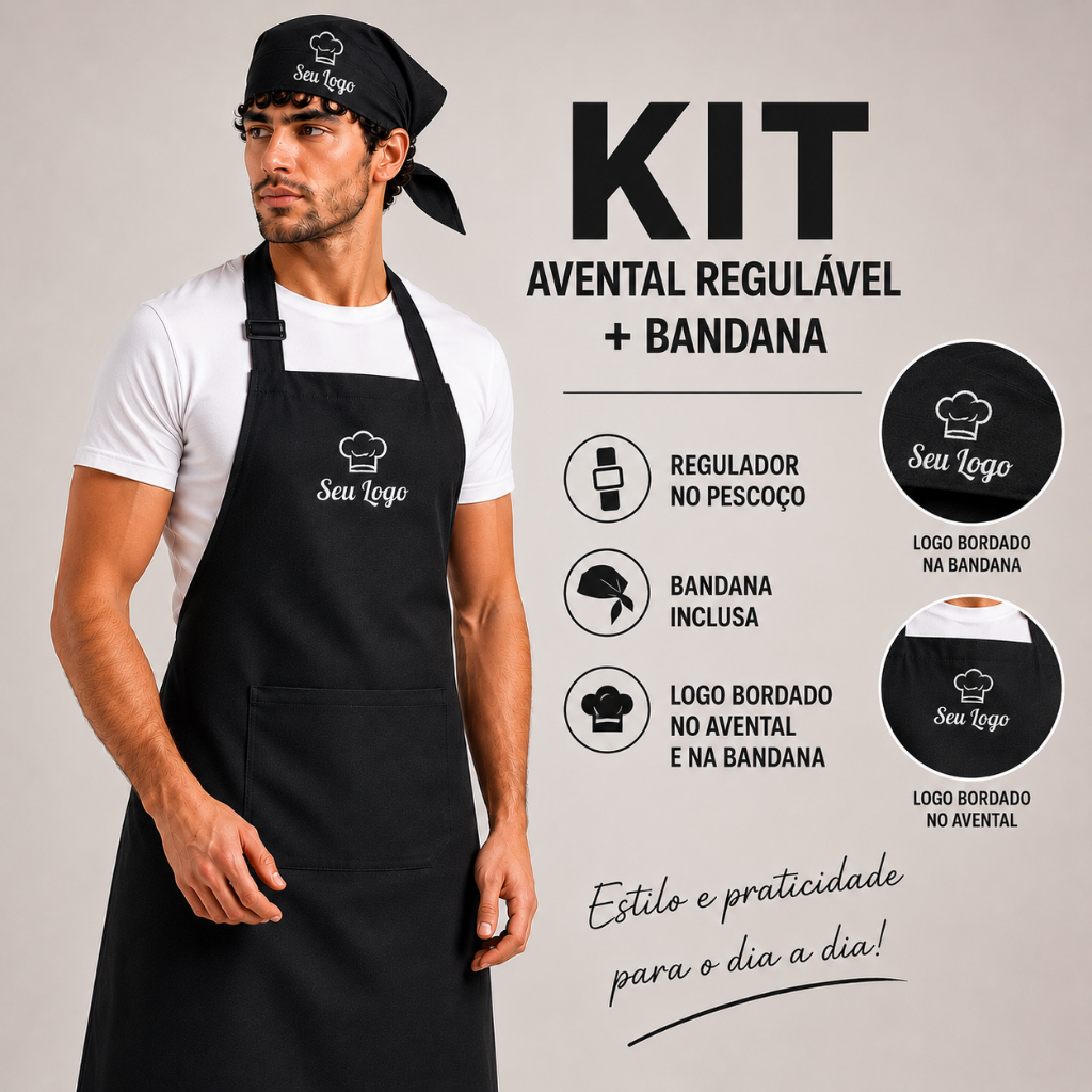 Kit Avental + Bandana Oxford Unissex Logo Nome Bordado Cozinha Pizzaria Churrasco Restaurante Churrasqueiro Personalizad