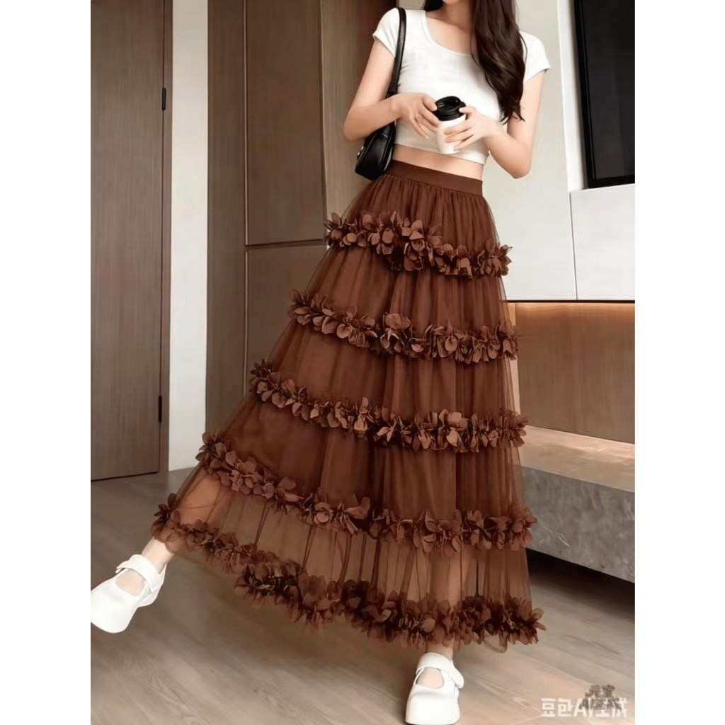 Saia Estilosa 3D de Tule Com Camadas de Flores Moda Feminina