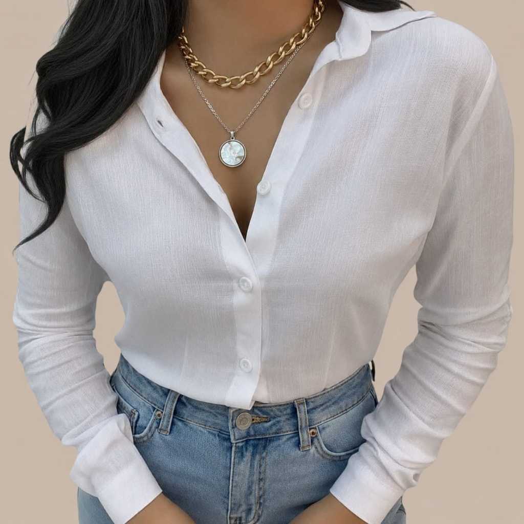 Camisa Social Feminina Manga Longa Com Bolso Viscolinho Botões | Elegante e Fresquinha para Trabalho