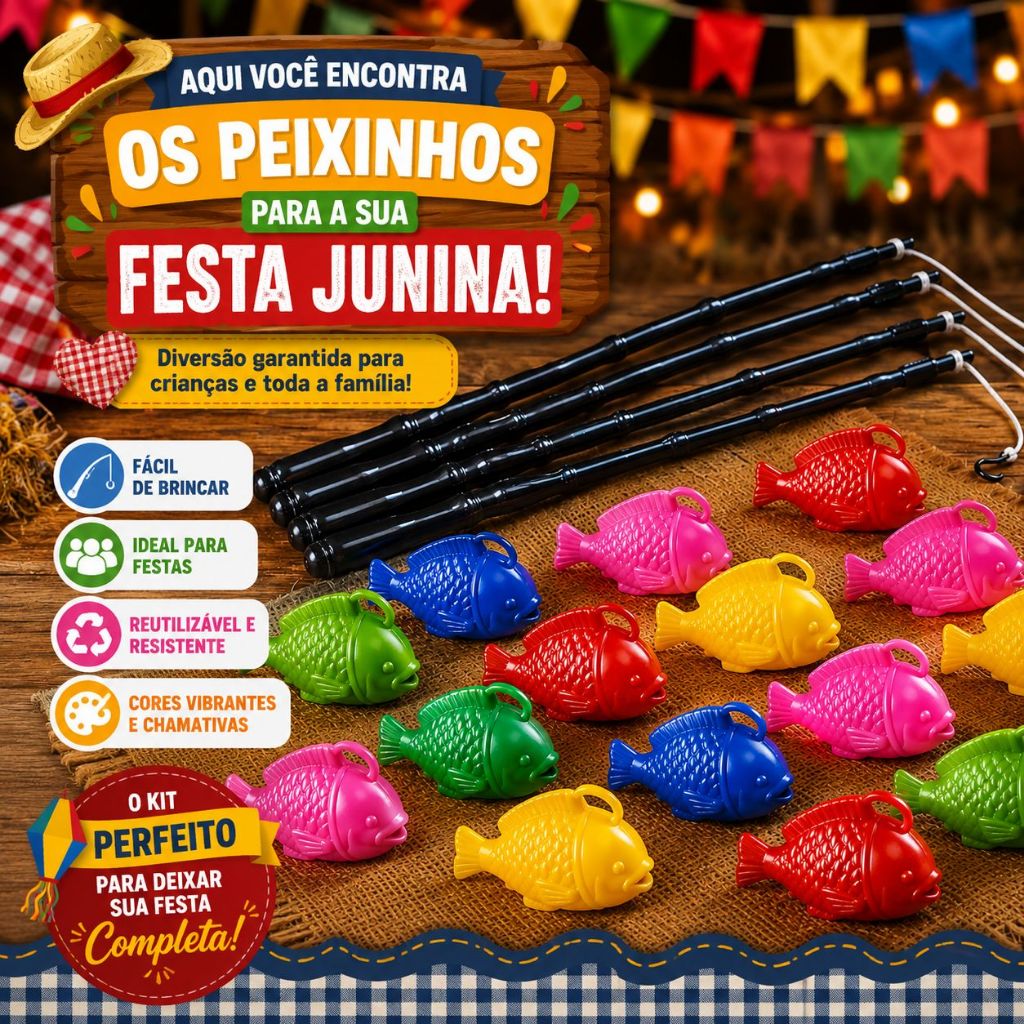 Kit 10, 20,30 ou 50 Peixes + 2,3,5 OU 10 Varas de 40cm + Anzol Festa Junina Pescaria Brincadeira