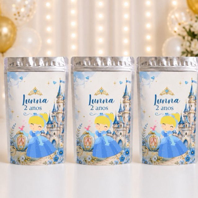 Saquinho Metalizado Ziplock CINDERELA = PRINCESAS Personalizado /Lembrancinha de Festa /Aniversário