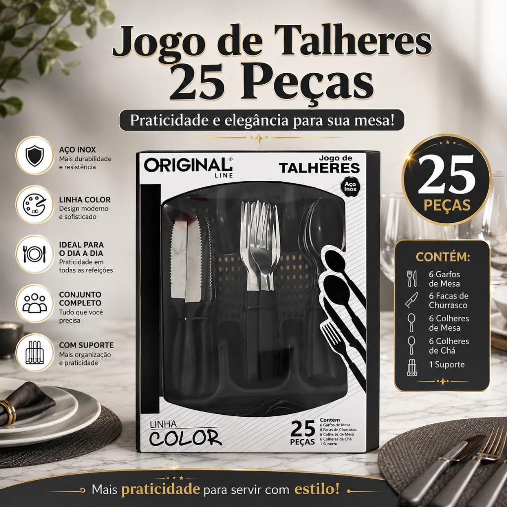 Jogo De Talheres 25 Peças Aço Inox Com Suporte Preto E Vermelho