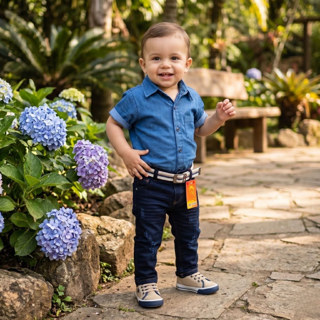Kit Conjunto Infantil Menino Camisa Jeans Manga Curta + Calça Jeans Premium Com Lycra 1 ao 16