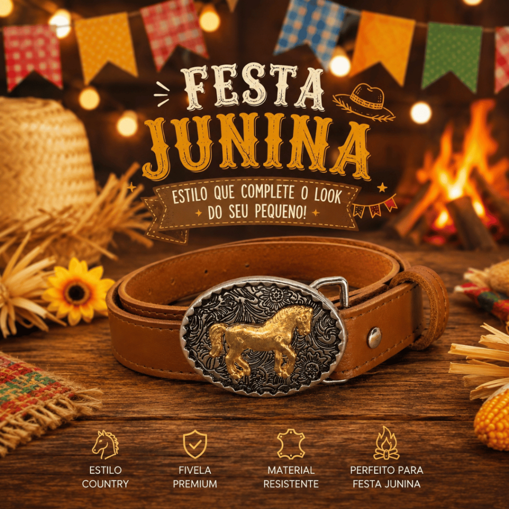 Festa JUNINA Cinto Country Infantil com Fivela Cavalo Dourado Festa Junina Rodeio Cowboy Menino e Menina