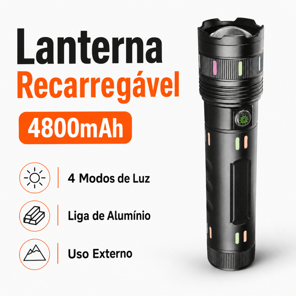 Lanterna Tática LED Recarregável 4800mAh Alumínio Super Brilhante 4 Modos Forte Camping Emergência