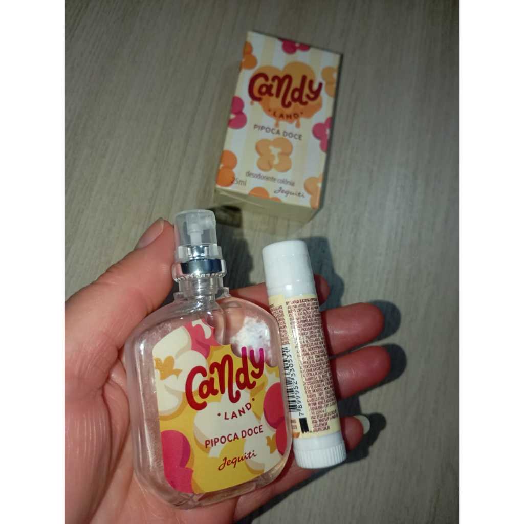 Jequiti Kit Candy Bala de Morango Loção + Cx de Sabonete - Candy Pipoca doce Perfume 25ml + balmKi