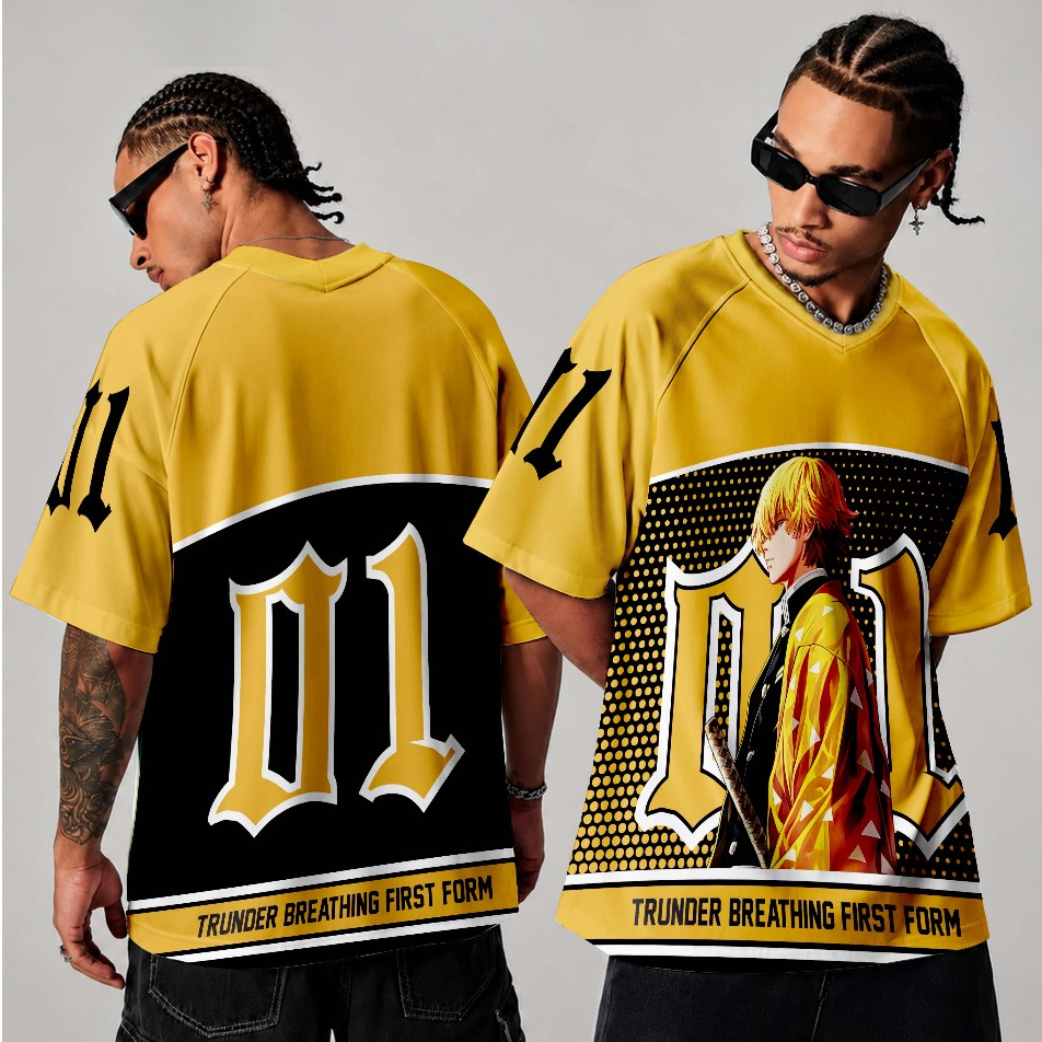 Camiseta Jersey Básica Sublimada Full Print Respiração Do Trovão Hashira Zenitsu Agatsuma Demon Slayer Anime Streetwear