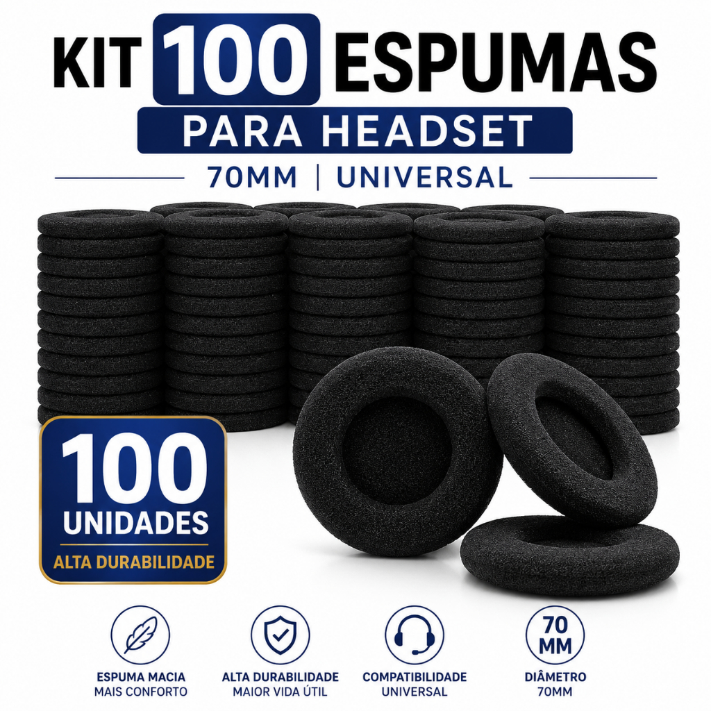 Kit 100 Espumas Headset 70mm Universal Call Center Premium