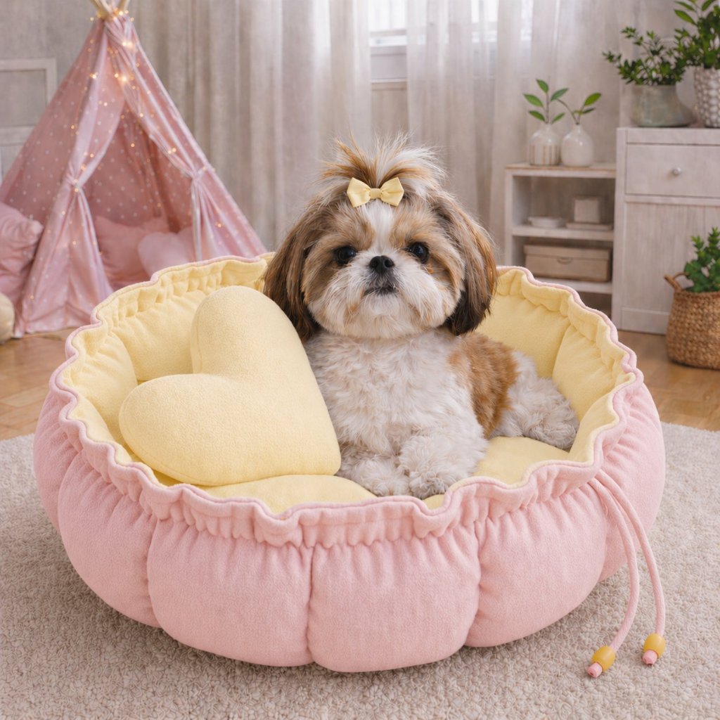 Caminha Redonda, com almofada de coração Rosa\Amarelo Cama Pet Londres Fresquinha Gato