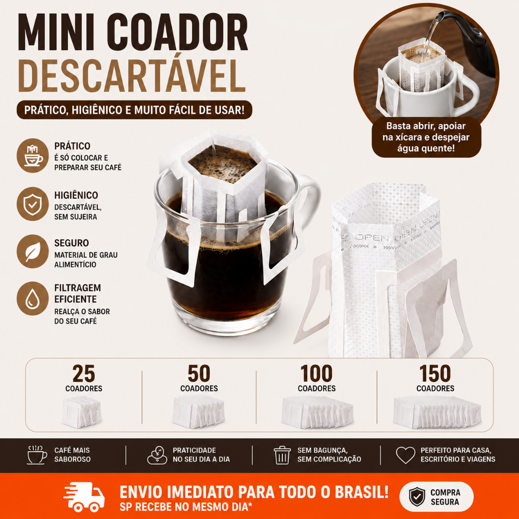 Coador de Café Descartável Individual Filtros de Papel Portátil com Abas para Dose Única