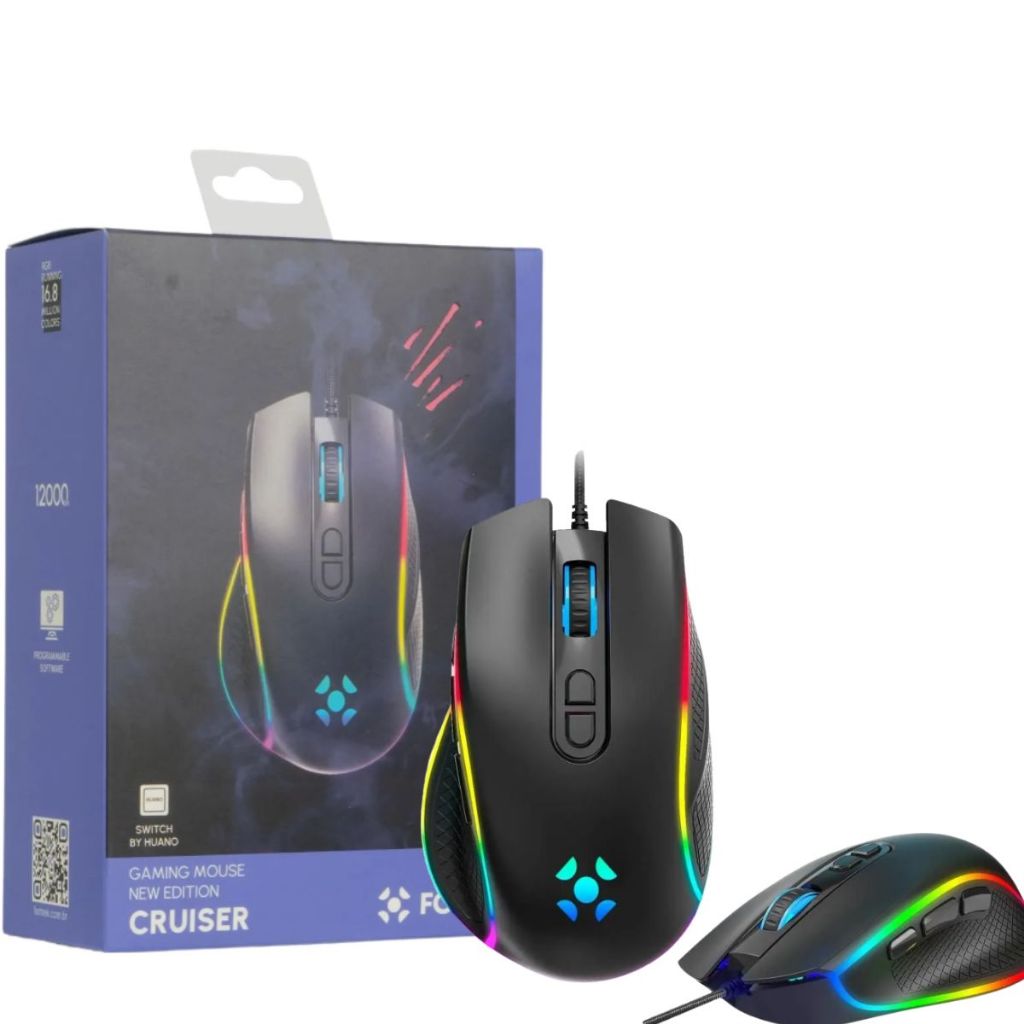 Mouse Gamer Led RGB Fortrek Cruiser Preto Sensor Óptico Alta Precisão Ajustável Até 10000 DPI Hub Switch Huano