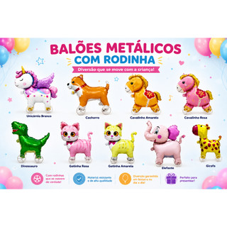 Balão Metalizado com Rodinhas Animais Fofo Infantil Para Festa Aniversário Andador