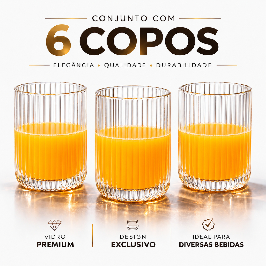Jogo 6 Copos Vidro Canelado 420ml Transparente Agua Bebida Suco Drinks Whisky Drinks Resistente