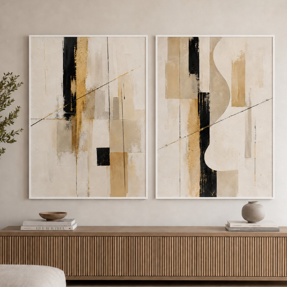 Kit Duplo Quadros Decorativos Grande 90x60 com Vidro e Moldura em Madeira Sala d