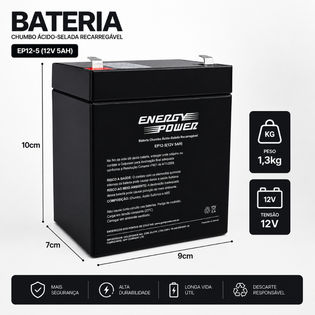 Bateria 12V 5AH Recarregável Multiuso - Nobreak, Alarmes Etc