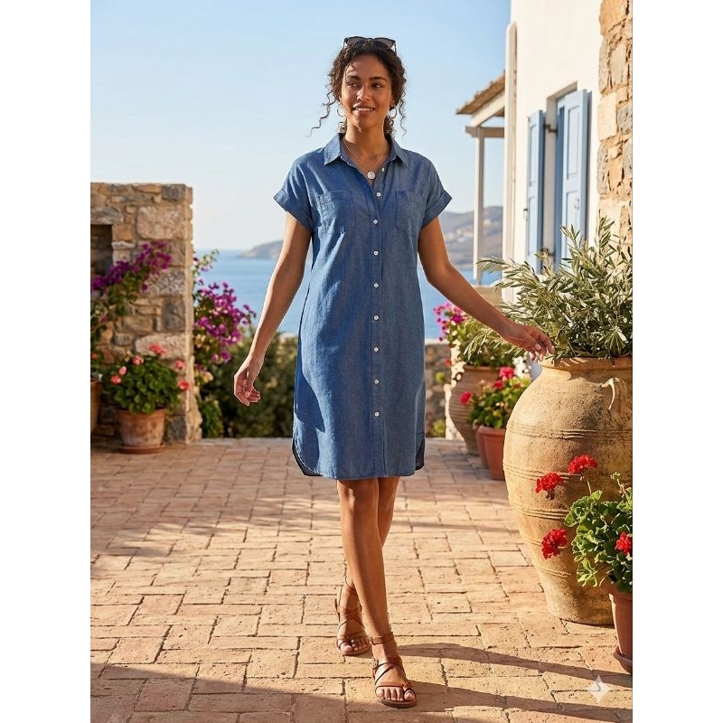 Vestido Chemise Feminino - Tamanho G - Busto 110cm - Jeans Leve Manga Curta Botões Frontais Casual
