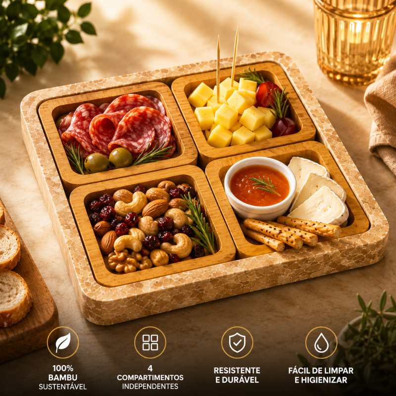 Petisqueira Quadrada Madeira Conjunto com 4 Peças Petiscos Queijo Tábua de Frios
