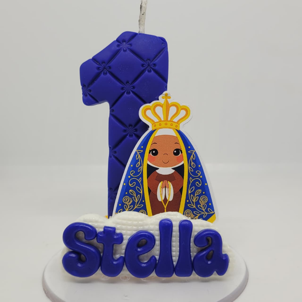 VELA PERSONALIZADA TEMA NOSSA SENHORA APARECIDA AZUL AQUARELA VELA DE BISCUIT PARA FESTA DE ANIVERSARIO