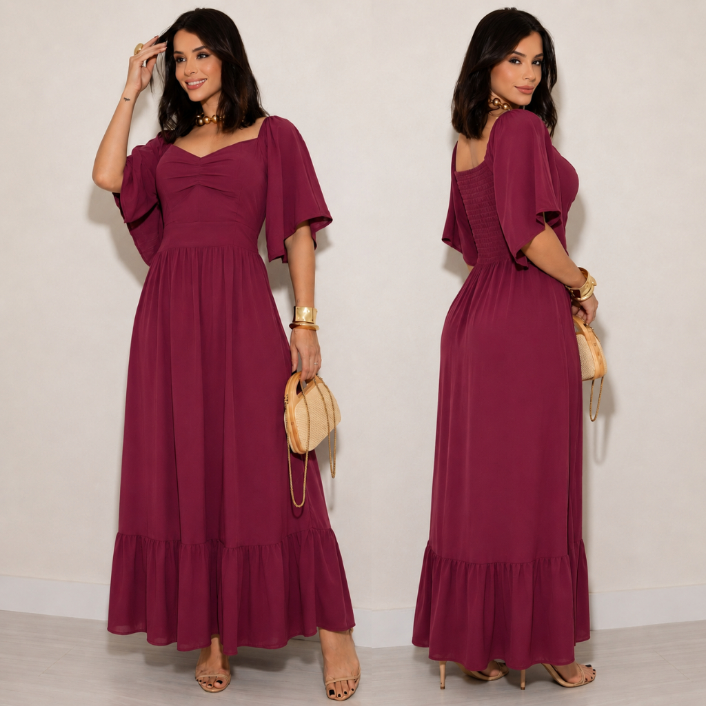 VESTIDO LONGO FEMININO, Elegante Vestido Midi Social Evangélico, Coleção Inverno - Tecido VISCOLINHO