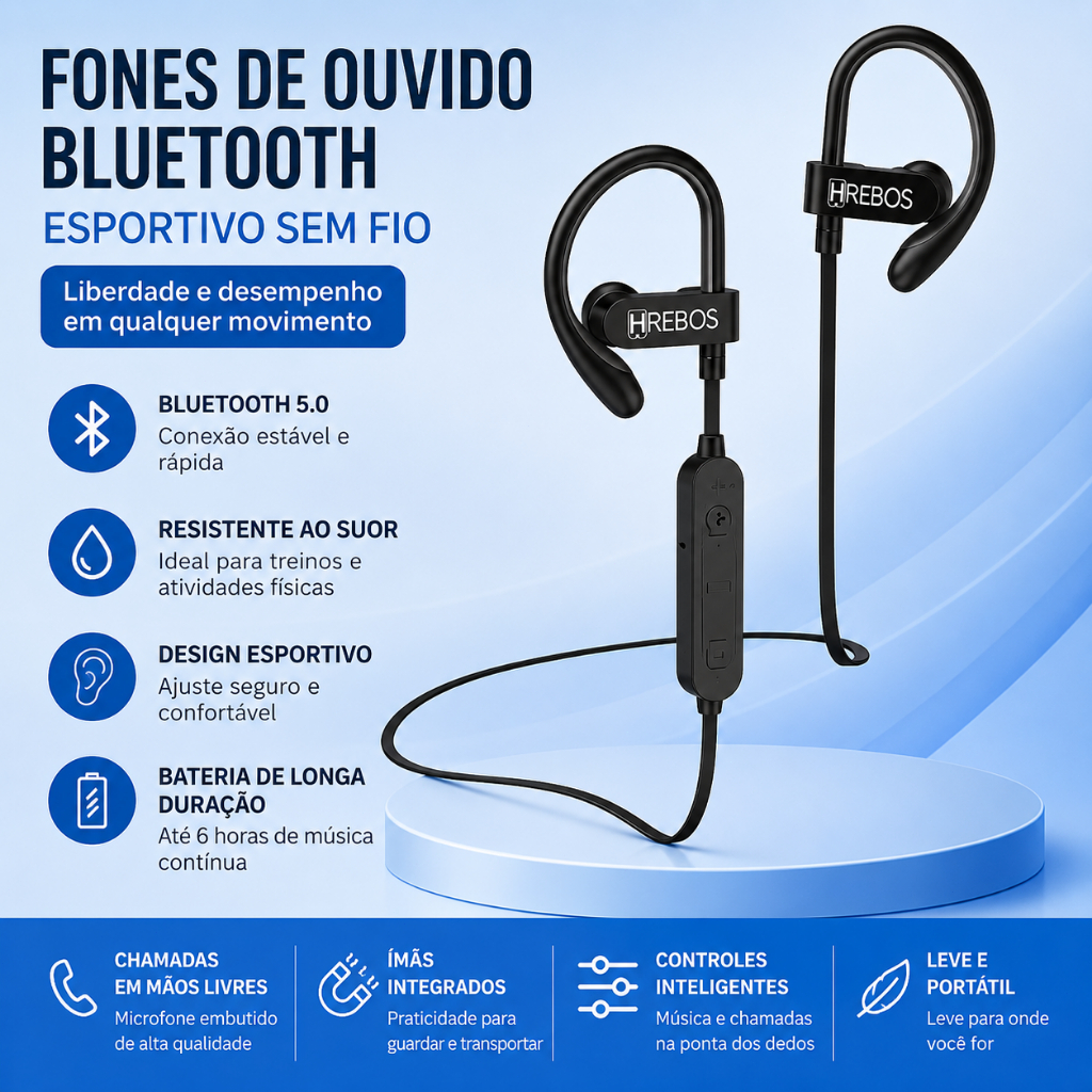 【Oferta Relâmpago Brasil】Fone Bluetooth 5.0 Condução Óssea Esportivo Hrebos HS-188 Preto Earflex