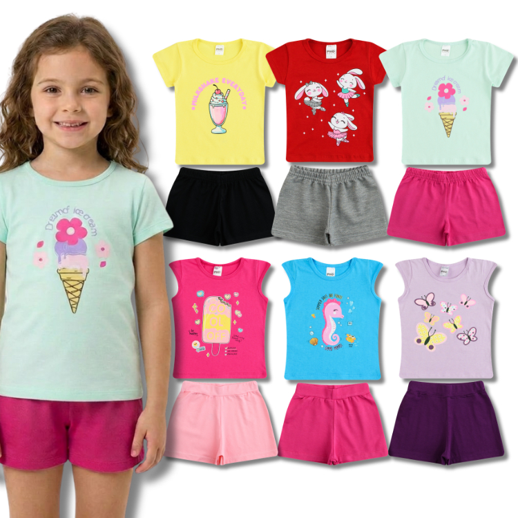 Kit Conjuntos Sortidos Feminino Roupa Bebê Infantil - Blusa Manga Curta + Short Menina Verão (2)
