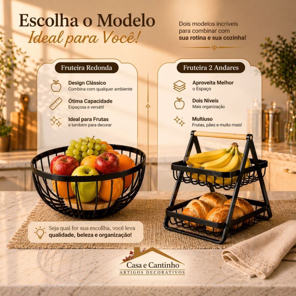 Fruteira de Mesa 2 Andares Ferro e Bambu para Café da Manhã Multiuso de Metal Preto Cesto Organizdor