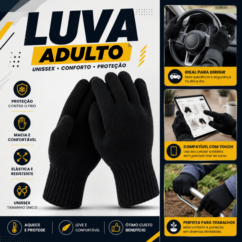 Luva De Lã Preto Frio Inverno Adulto Preta Feminina Masculina Unissex