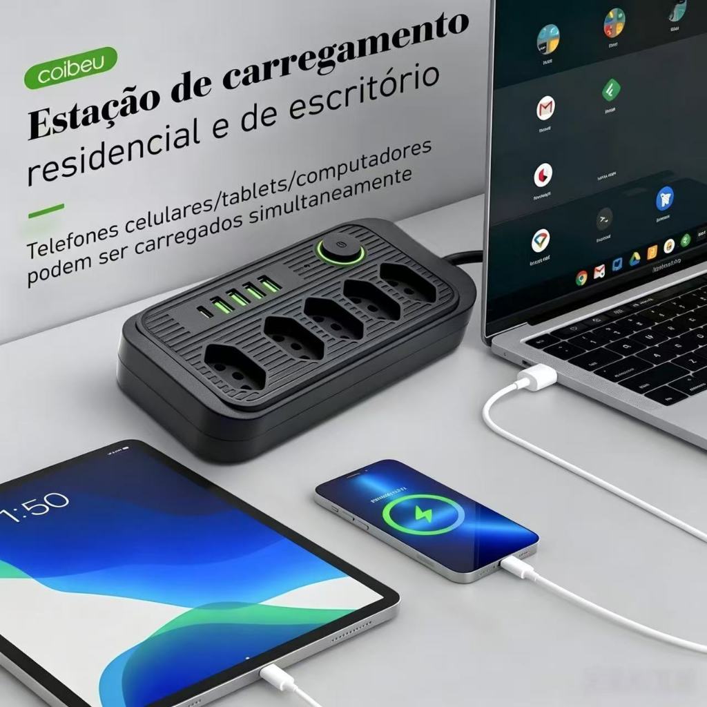 Detalhes do Filtro de Linha com 5 Tomadas Extensão Elétrica Universal 3 USB E Usb C lm comercial