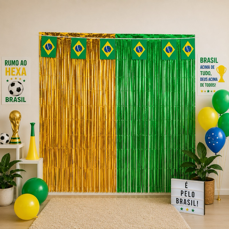 Kit Decoração Futebol Brasil Copa do Mundo Cortina Metalizada + Varal Bandeira Brasil